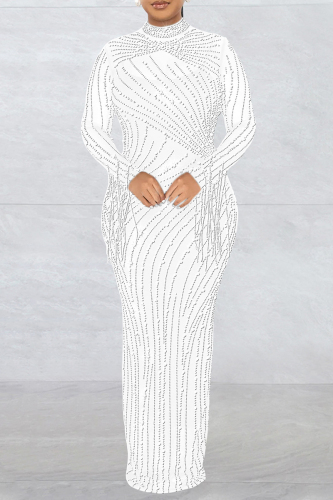 White Sexy Patchwork Hot Drilling See-through Half A Turtleneck Long Sleeve Two Pieces