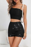 Red Casual Patchwork Sequins Straight High Waist Conventional Patchwork Shorts