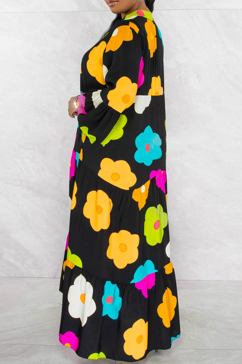 Elegant Light Blue Floral Printed V-Neck Elegant Chic Loose Long Sleeve Maxi Dress main image 1