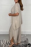 Light Khaki Casual Solid Basic O Neck Half Sleeve Two Pieces
