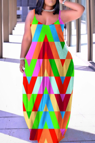 Multicolor Sexy Casual Print Backless Spaghetti Strap Long Dress Dresses
