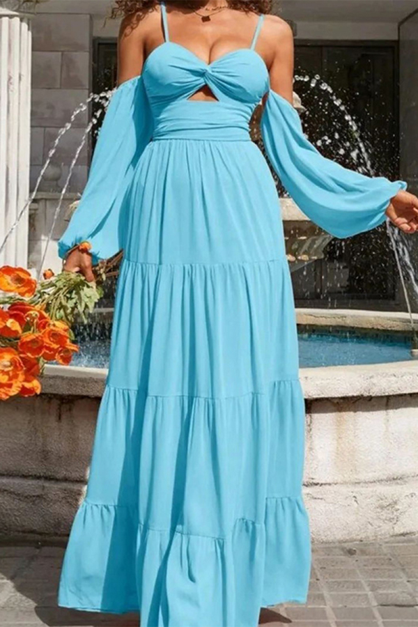 Light Blue Sexy Solid Fold V Neck Sling Dress Dresses