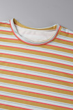 Red Casual Striped Print Basic O Neck Short Sleeve Two Pieces