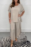 Light Khaki Casual Solid Basic O Neck Half Sleeve Two Pieces