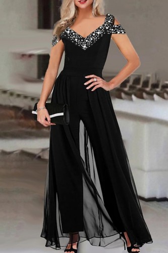 Black Casual Print Patchwork V Neck Regular Jumpsuits