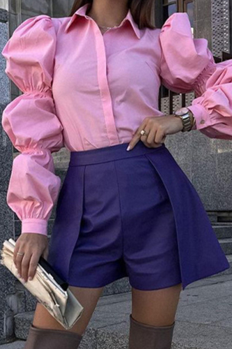 Pink Work British Style Solid Turndown Collar Tops