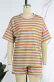 Blue Casual Striped Print Basic O Neck Short Sleeve Two Pieces