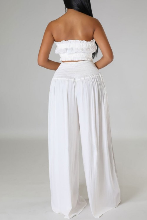 Red Sleeveless Strapless Pleated Crop Top and Palazzo Pants Set Daily Vacation Two Piece Set