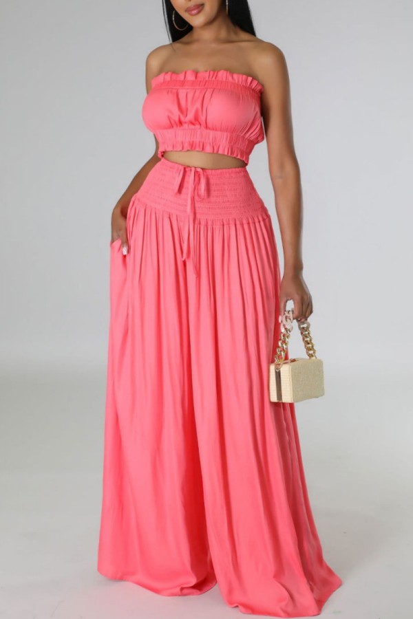 Red Sleeveless Strapless Pleated Crop Top and Palazzo Pants Set Daily Vacation Two Piece Set