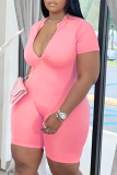 Pink Sexy Solid Patchwork V Neck Plus Size Jumpsuits