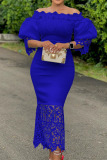 Blue Elegant Solid Patchwork Off the Shoulder One Step Skirt Dresses(Without Brooch)