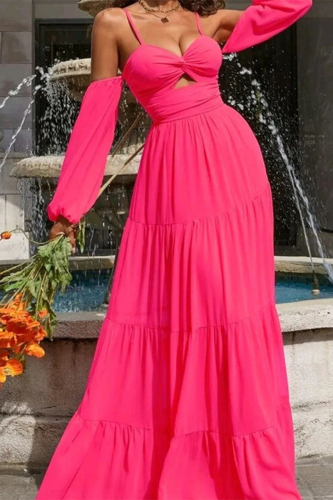 Rose Red Sexy Solid Fold V Neck Sling Dress Dresses