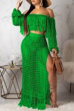 Fluorescent green Mesh Tassels Beach Skirt Two Piece Suit