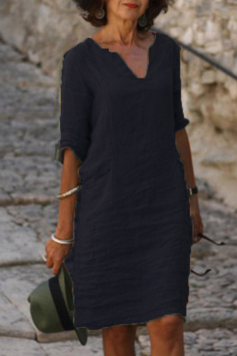 Black Casual Solid Basic V Neck A Line Dresses