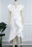 White Formal Solid Patchwork V Neck Irregular Dress Dresses