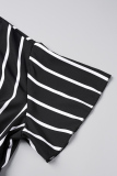 Black Casual Striped Print Patchwork V Neck Short Sleeve Dress Plus Size Dresses