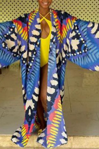 Purplish Blue Casual Print Cardigan Outerwear