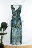 Blue Casual Print Frenulum Backless V Neck Long Dress Dresses