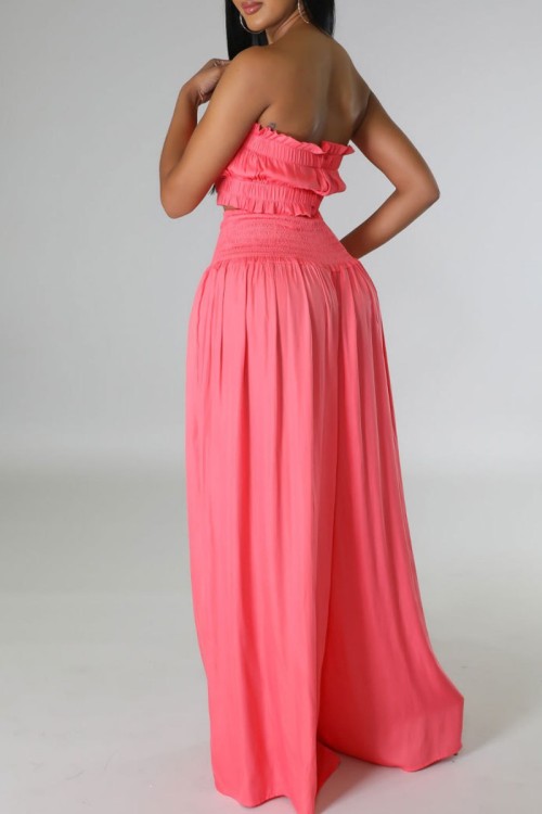 Red Sleeveless Strapless Pleated Crop Top and Palazzo Pants Set Daily Vacation Two Piece Set