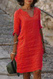 Red Casual Solid Basic V Neck A Line Dresses