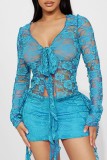 Blue Sexy Solid Bandage V Neck Long Sleeve Two Pieces