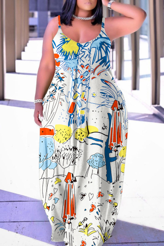 White Blue Sexy Casual Print Backless Spaghetti Strap Long Dress Dresses