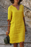 Yellow Casual Solid Basic V Neck A Line Dresses