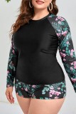 Black Casual Print Patchwork O Neck Plus Size Swimwear (With Paddings)