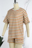 Red Casual Striped Print Basic O Neck Short Sleeve Two Pieces