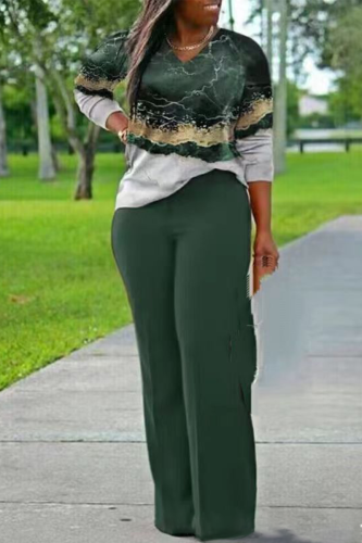 Green Casual Print Patchwork V Neck Long Sleeve Two Pieces