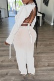 White Sexy Solid See-through V Neck Long Sleeve Three Piece Set