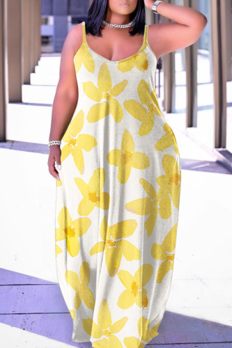 Yellow Sexy Casual Print Backless Spaghetti Strap Long Dress Dresses