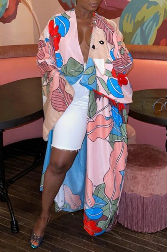 Pink Casual Print Cardigan Outerwear