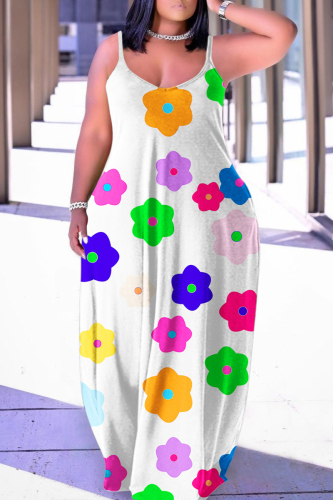 White Sexy Casual Print Backless Spaghetti Strap Long Dress Dresses