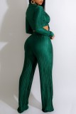 Green Casual Solid Frenulum V Neck Long Sleeve Two Pieces