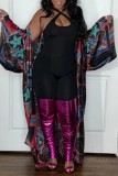 Black Purple Casual Print Cardigan Outerwear