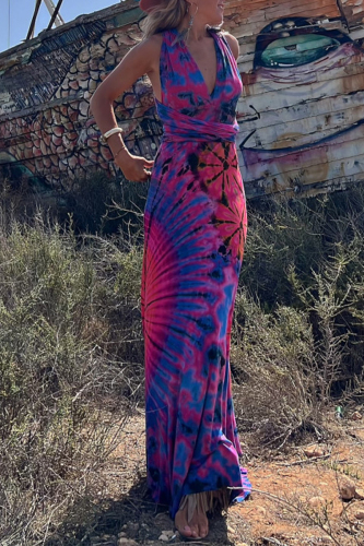 Tibetan Blue Sexy College Print Cross Straps V Neck Sleeveless Dress Dresses