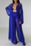Blue Sexy Solid See-through Cardigan Long Sleeve Two Pieces