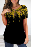 Yellow Street Floral Patchwork Metal Accessories Decoration O Neck T-Shirts