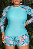 Lake Blue Casual Print Patchwork O Neck Plus Size Swimwear (With Paddings)