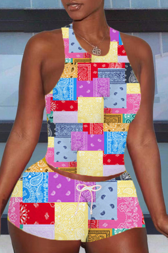 Yellow Casual Print Basic U Neck Sleeveless Two Pieces