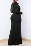 Black Casual Solid Patchwork Slit O Neck Long Dress Dresses