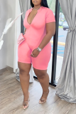 Pink Sexy Solid Patchwork V Neck Plus Size Jumpsuits