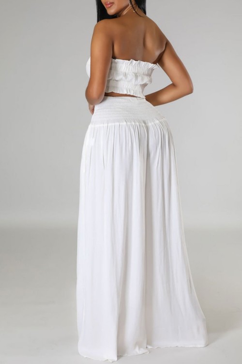 Red Sleeveless Strapless Pleated Crop Top and Palazzo Pants Set Daily Vacation Two Piece Set