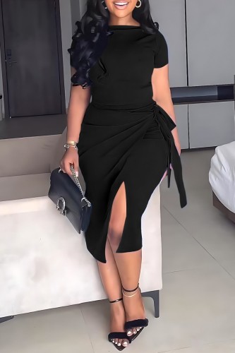 Black Casual Solid Frenulum O Neck Short Sleeve Two Pieces