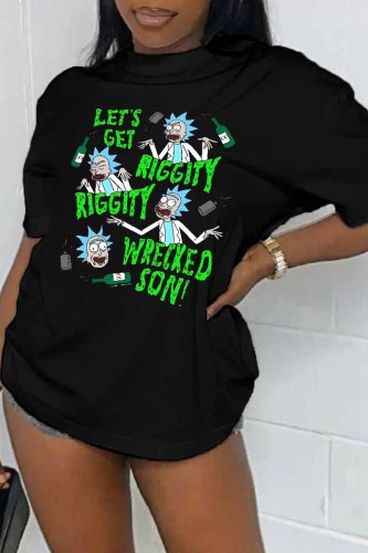 Black Street Character Print Letter O Neck T-Shirts