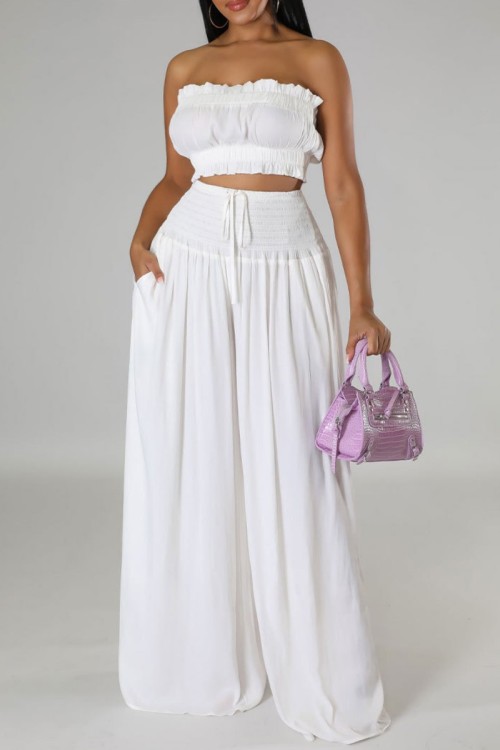 Red Sleeveless Strapless Pleated Crop Top and Palazzo Pants Set Daily Vacation Two Piece Set