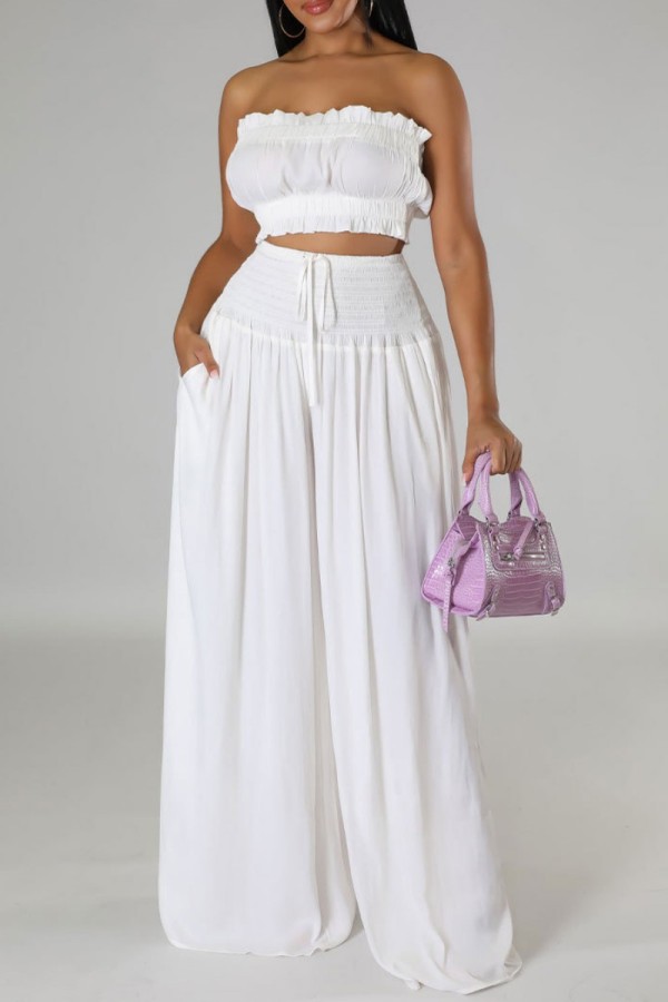 White Sleeveless Strapless Pleated Crop Top and Palazzo Pants Set Daily Vacation Two Piece Set