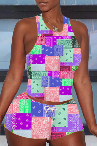 Pink Casual Print Basic U Neck Sleeveless Two Pieces