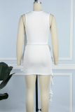 White Sexy Solid Patchwork O Neck Sleeveless Two Pieces
